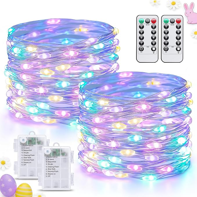 JMEXSUSS 2 Pack Pastel Fairy Lights Battery Operated with Remote, Total 200 LED 66ft Easter Lights Outdoor Waterproof, 8 Modes Battery Powered Twinkle String Lights for Bedroom Indoor Easter Decor