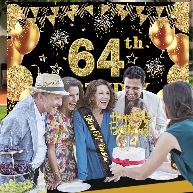 64th Birthday Decorations Men Women with 64th Birthday Banner, Black and Gold Table Cloth, Number Balloons, Large Sash, Cake Topper and Candles