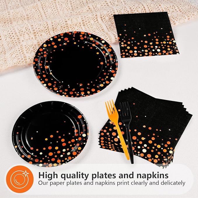 96Pcs Orange and Black Graduation Party Decorations Congrats Grad Orange Black Plates and Napkins for Boys Girls Graduations School Birthday Baby Shower Party Supplies Serves 24