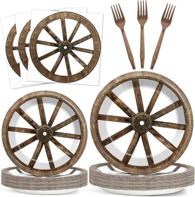 96Pcs Western Cowboy Party Paper Plates and Napkins for Western Party Supplies Wooden Wagon Wheels Themed Paper Dessert Plates Tableware Set for Kids Boys 24 Guests Birthday Party Decoration