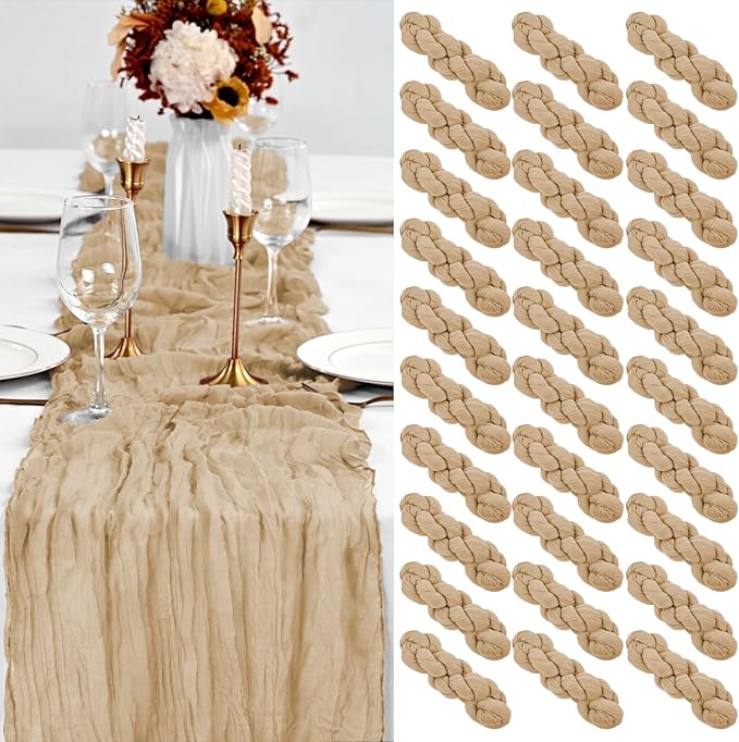 30 Pack Beige Table Runner 10Ft Cheesecloth Table Runner Boho Gauze Table Runners Romantic Long Sheer Fabric Cheese Cloth Table Runners for Wedding Party Bridal Shower