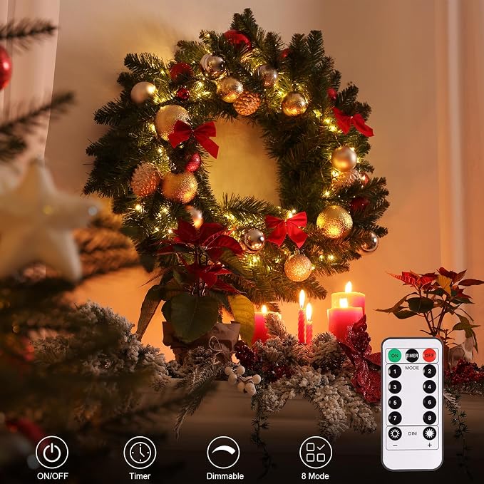 2Pack Christmas String Lights Battery 33Ft 10 LED Wreath lights for Outdoor | Green Wire,Remote,Timer, 8 Modes, Waterproof, Fairy Lights for Bedroom Garden Christmas Decor, Warm White