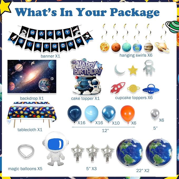 Hombae Space Birthday Party Decorations, Outer Space Galaxy Birthday Decorations Backdrop Balloon Garland Hanging Swirl Banner Tablecloth Cake Topper Solar System Planet Astronaut Rocket Blue