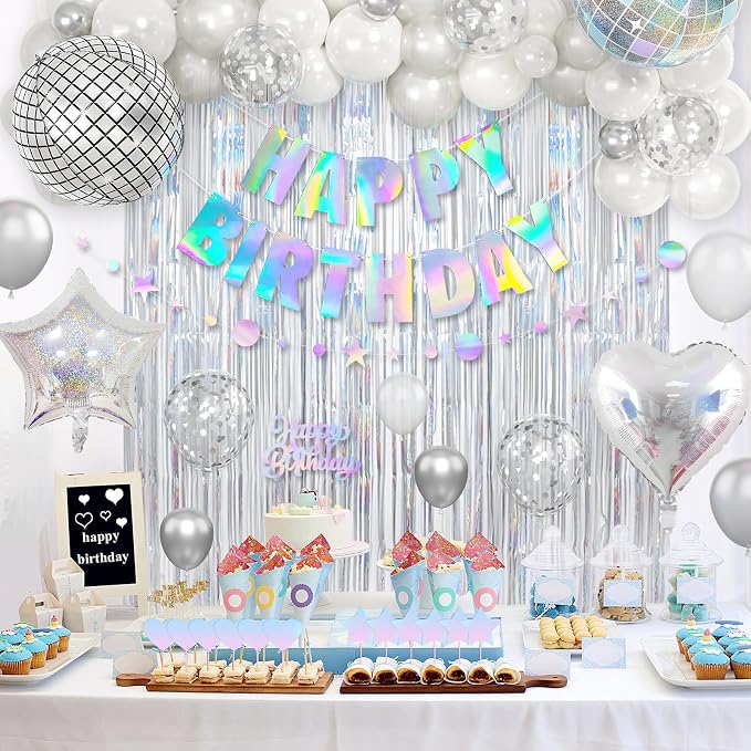 Disco Party Decorations, Iridescent Happy Birthday Star Hanging Banner Cake Topper, Disco Ball Heart Foil Balloons Silver White Confetti Balloon Fringe Curtain for Groovy Birthday Party Decoration