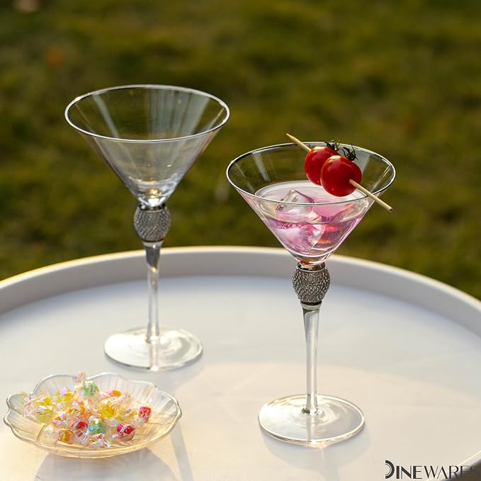 2 Piece Premium Clear Stem Crystal Martini Glasses with Silver Rim and Diamond-like Rhinestones, Elegant 10oz Glassware Set for Cosmopolitan, Vodka, Gin and Other Cocktails, Fancy Manhattan Drinkware