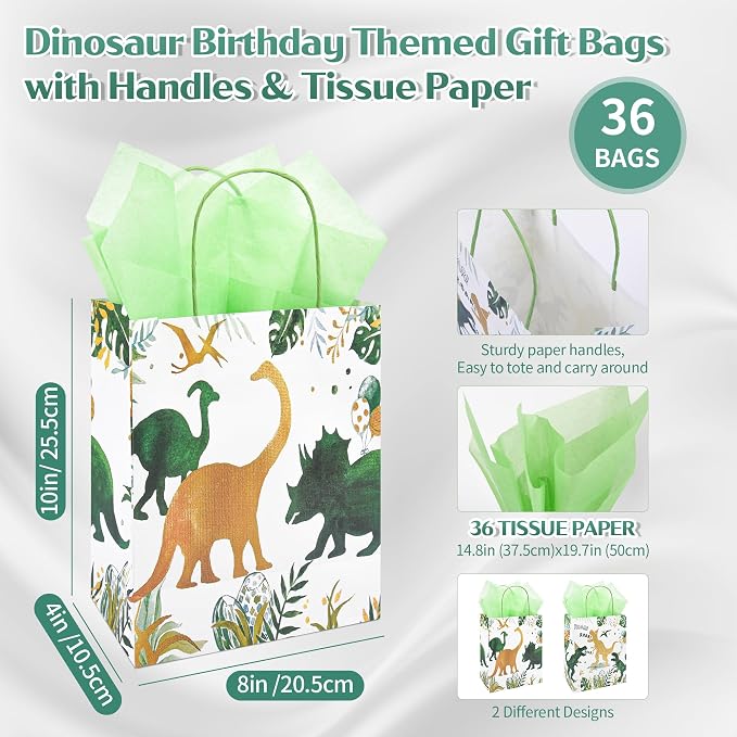 DjinnGlory 36 Pack Medium T-Rex Dinosaur Dino Themed Gift Bags with Handles and Green Tissue Paper for Boys Girls Kids Birthday Party Favors Goodies Treats,10x8x4 Inch (2 Assorted Designs)