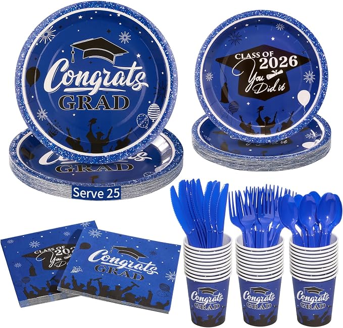 Goodluck Blue 2026 Congrats Grad Disposable Paper Tableware Sets, 175PCS Graduation Party Supplies Includes 9" & 7" Disposable Graduation Paper Plates, 9oz Cups, Napkins & Cutlery for 25 Guests
