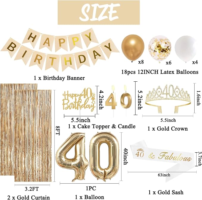 Trgowaul 40th Birthday Decorations for Women, Banner, Sash and Crown, Cake Topper, 40 Number Balloon, Fringe Curtains, Champagne Gold 40th Birthday Party Supplies