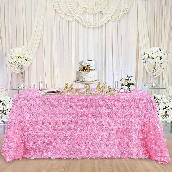 B-COOL 90x156 Inch Rosette Tablecloth Pink Rectangular Birthday Fabric Covers 3D Floral Satin Tablecloth Party Table Covers Boho Wedding Engagement Table Decoration
