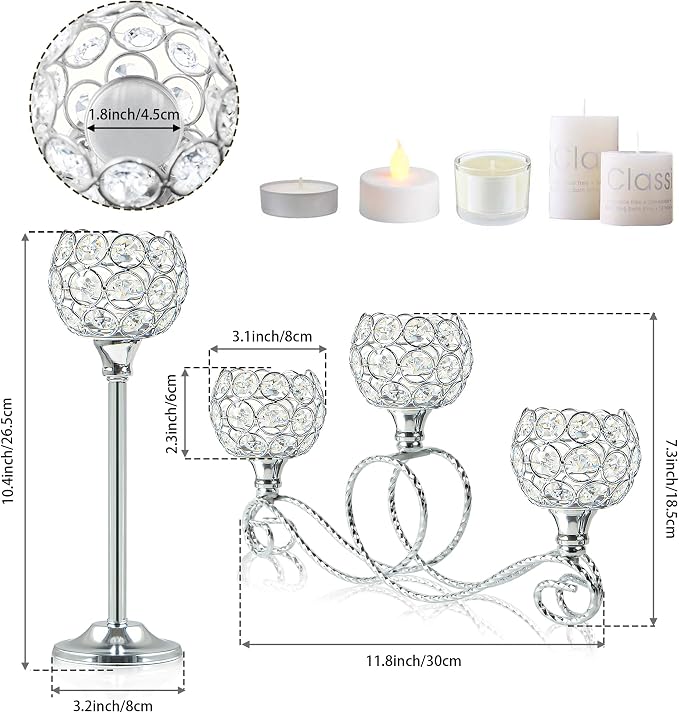 Silver 5 Arm Metal Crystal Tea Light Candle Holder, Elegant Wedding Table Centerpiece Candle Holder, Christmas Wishing Crystal Bowl Candle Holder Suitable for Wedding Party Living Room Decoration