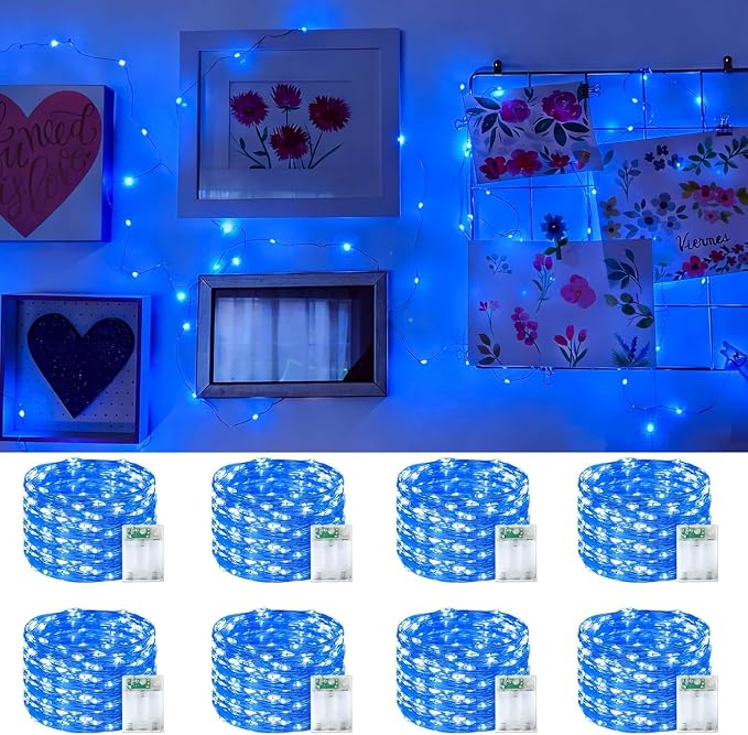 YEGUO Fairy Lights Battery Operated, 8 Packs Each 16ft 50 LED String Lights, Christmas MIni Lights Indoor for Bedroom Wedding Party Holiday Gift(Blue)