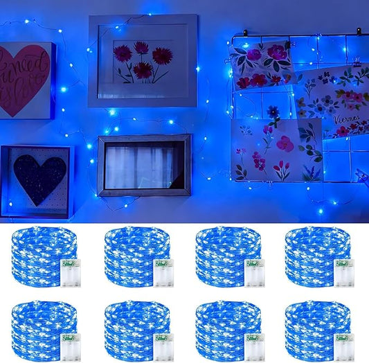 YEGUO Fairy Lights Battery Operated, 8 Packs Each 16ft 50 LED String Lights, Christmas MIni Lights Indoor for Bedroom Wedding Party Holiday Gift(Blue)