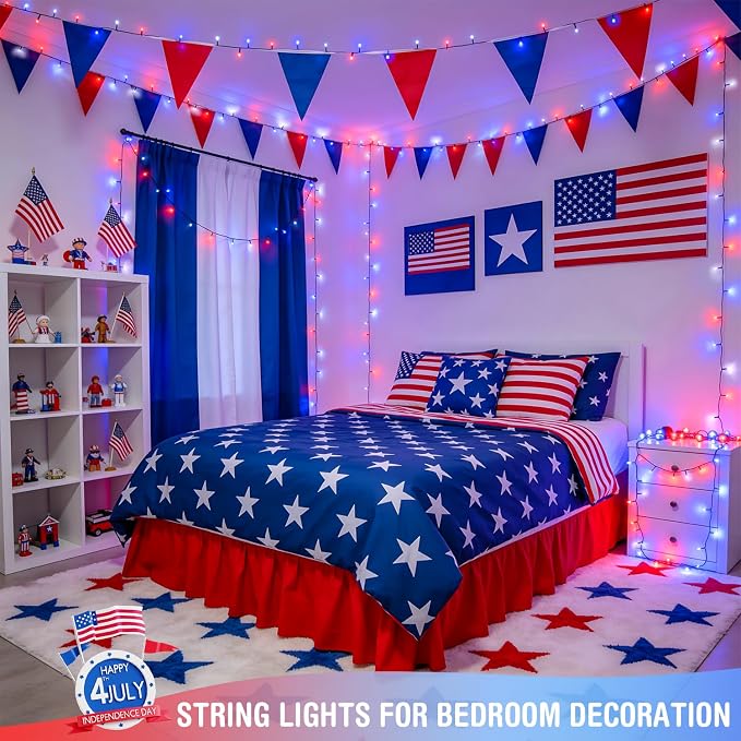 JMEXSUSS 250 LED Red White and Blue Lights, 91.5ft Patriotic Lights Plug in | Connectable, Green Wire, Waterproof, 8 Modes, Indoor/Outdoor Use, Tree Yard Patio Home Decor, Perfect for 4th of July Day