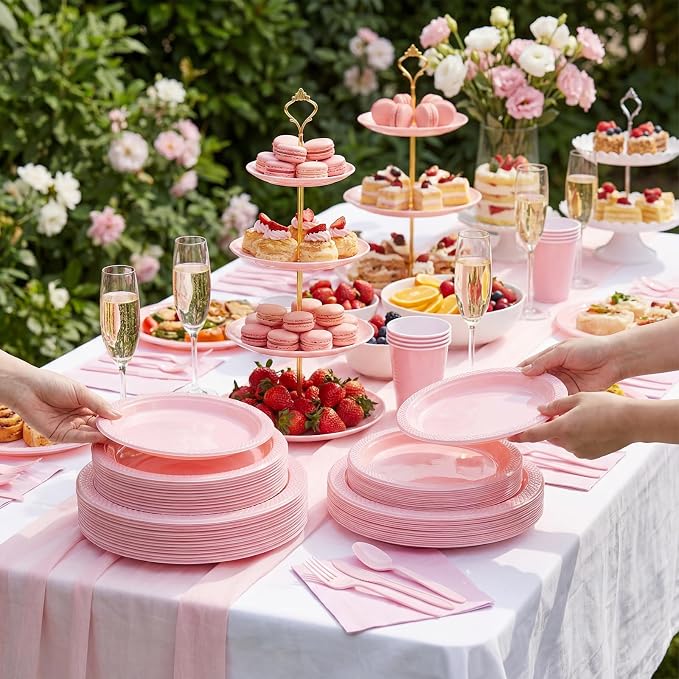 MirthMood 350pcs Pink Plates Disposable Including Pink Plastic Plates, 12OZ Cups, Plastic Cutlery and Napkins Serve 50 Guests for Spring Wedding,Birthday Party Dinner,Daily Use