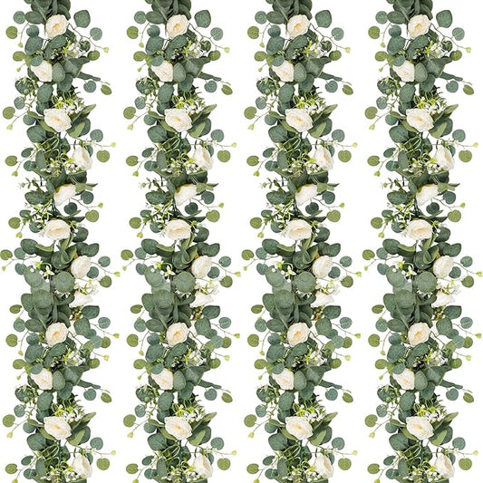 TOCHGREEN 4 Pack Artificial Eucalyptus Flower Garland with White Roses, Fake Rose Flower Greenery Garland Floral Vines for Wedding Home Party Table Runner Decor (4PCS, White)