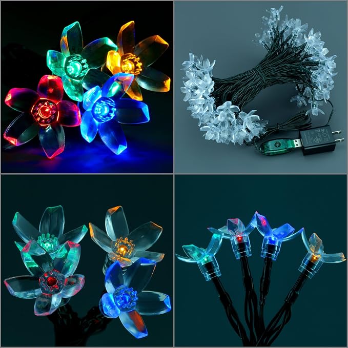 100 Multicolor Cherry Blossom LED String Lights, 33 ft 8 Models USB Powered | Sakura Light, USB Port, Multimode Lighting, 33' Total Length, 1-Strand 100 Lights, 4" Spacing