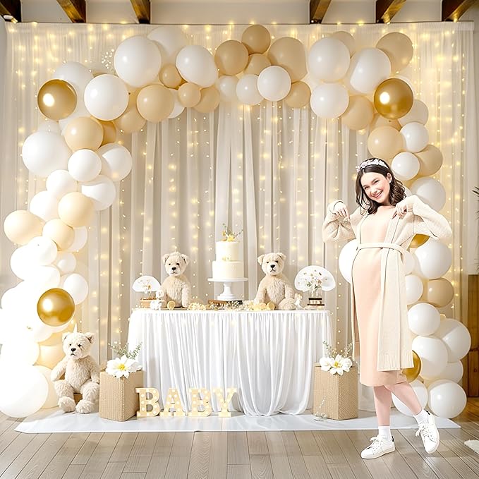 20ft x 10ft Ivory Chiffon Backdrop Curtain with Lights String for Parties,4 Panels Sheer Tulle Curtain Wedding Backdrop for Baby Shower Birthday Party Ceremony Reception Home Decorations