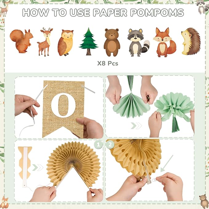 Kriyokiaa Woodland Baby Shower Decorations 15 Pcs Baby Shower Decorations with Oh Baby Banners Paper Lantern Paper Flower Pom Poms