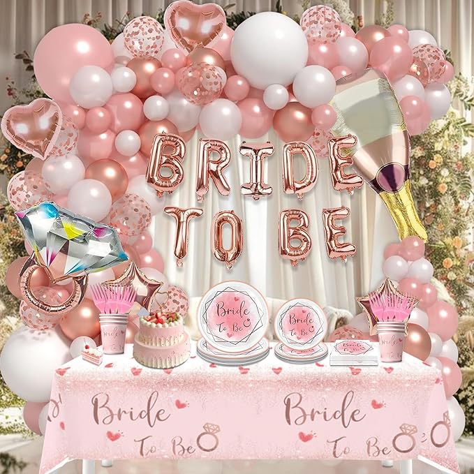 180Pcs Bachelorette Party Decorations,Pink Rose Gold Decor,Bridal Shower Party Supplies Balloon Arch,Bride To Be Party Favors Tableware Set Plates Fork Cups Napkins Tablecloth,Sash,Vail,Tiara