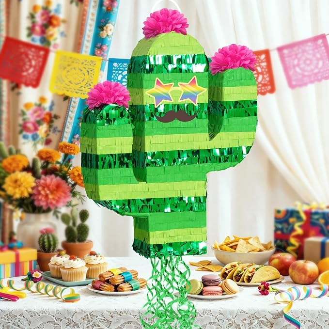 WERNNSAI Cinco De Mayo Cactus Piñata - Mexican Party Decorations Pull String Piñata Bundle with Blindfold and Bat Mexican Piñata for Fiesta Party Decorations Luau Event Carnivals Festivals Supplies