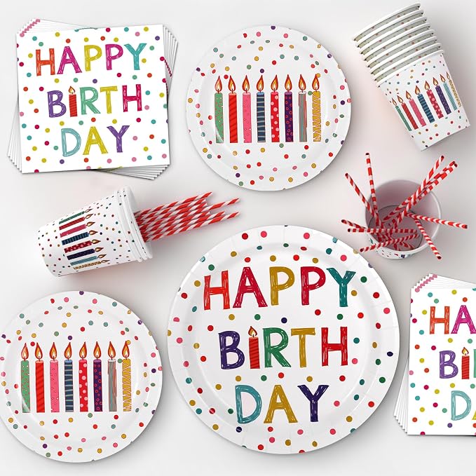 203 Pcs Happy Birthday Decorations: Party Supplies Set with Dots Design- Includes Disposable Paper Birthday Plates and Napkins, Cups, Tablecloth, and Banner for Boys/Girls, Serves 25