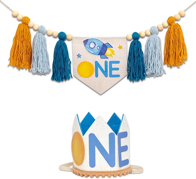 Gostman Outer Space ONE Decoration Set | First Trip Around The Sun Birthday Party Decorations,Space Themed First Birthday Highchair Banner and Sun One Crown