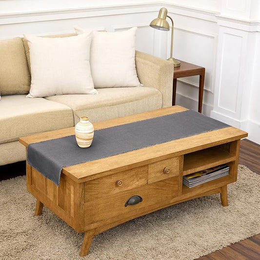 Solino Home Fringe Linen Table Runner 60 Inches - 100% Pure Linen Charcoal Table Runner 14 x 60 Inch Ideal for Dresser and Coffee Tables - Summer, Spring