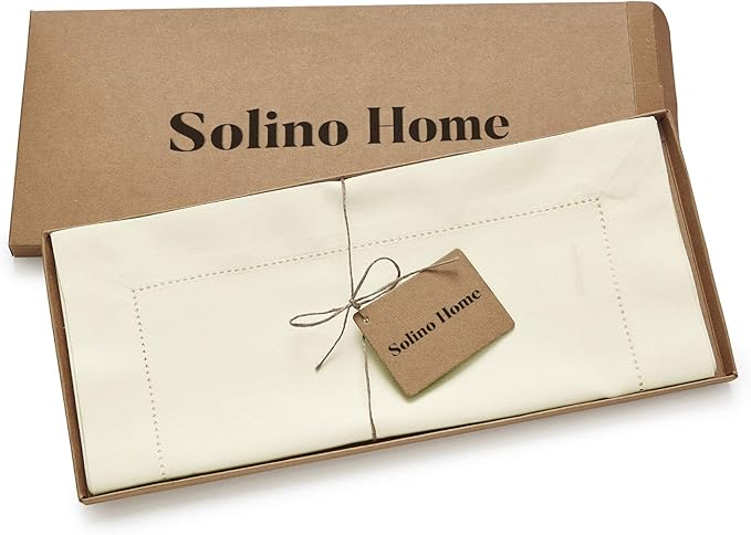 Solino Home Ivory Table Runner 48 Inches - Cotton Linen Hemstitch Coffee Table Runner 14 x 48 Inch Ideal for Dresser Tables - Spring, Summer, Mothers Day