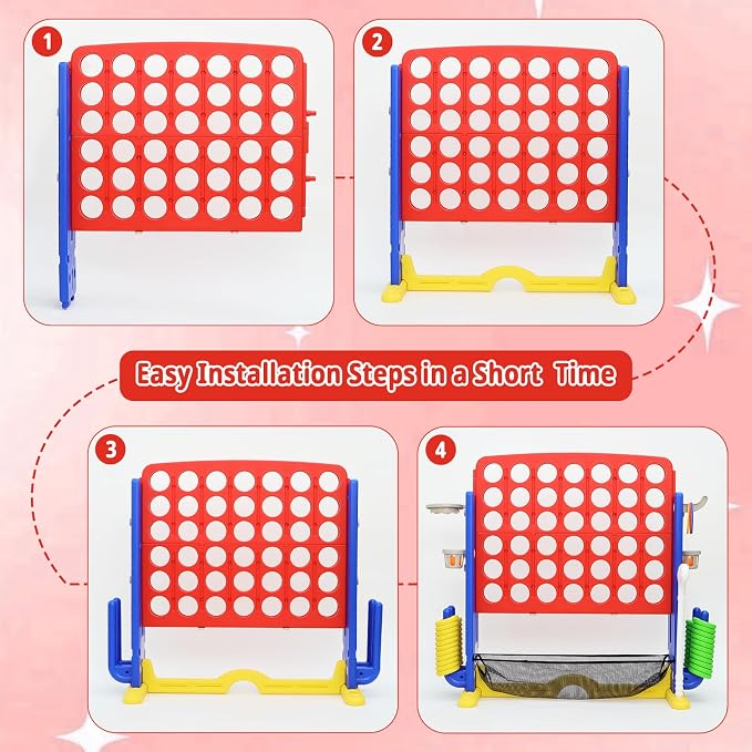 Giant 4-in-A Row Connect Game Set, Height Adjust Jumbo Yard Game for Kids & Adults w/Mesh Catching Bag, Basketball Hoop, Ring Toss & Mini Golf, Family Party 4-to-Score Indoor/Outdoor Games