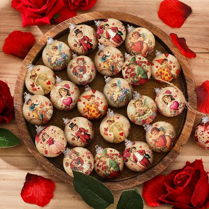 Outus 24 Pcs Valentine's Day Tree Ornaments Ball Vintage Happy Valentine's Day Decorations for Tree Red and Pink Love Kisses Xoxo Pattern Hanging Ornaments Home Farmhouse Holiday Fireplace Party Decor