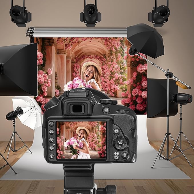 Baocicco 9x6ft Pink Flowers Backdrops for Photoshoot Rose Arch Corridor European Carving Wall Photo Background for Women Bridal Shower Birthday Marriage Valentines Mothers Day Backdrop Decorations