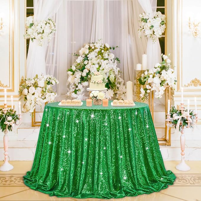 B-COOL Round Tablecloth Sequin Draping Decorations: 132 Inch Tablecloths Sequin Overlay Green Shimmer Fabric for Birthday Dinner Parties Christmas Decor