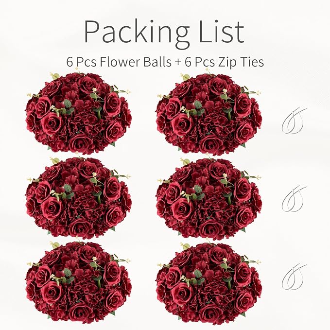 Red Roses Flowers Balls for Centerpieces: 6 PCS 15.7" Diam Flower Centerpieces for Tables in Wedding Reception Decorations Arrangement for Party Celebration Planners