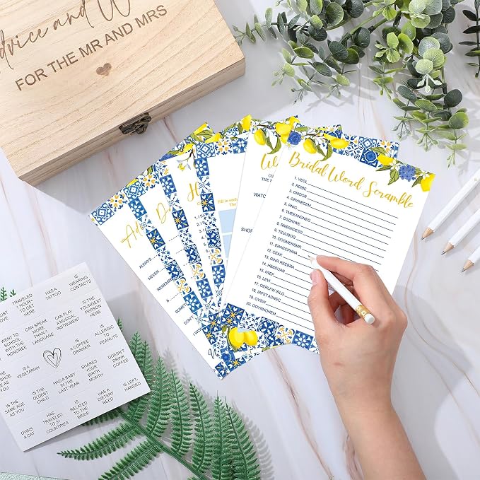 Silipull Bridal Shower Games Set for 50 Guests Includes Bingo, He Said She Said, Scramble, Would She Rather, Advice and Wishes Wedding Games Double Sided with Wooden Box, 20 Pencils (Lemon)