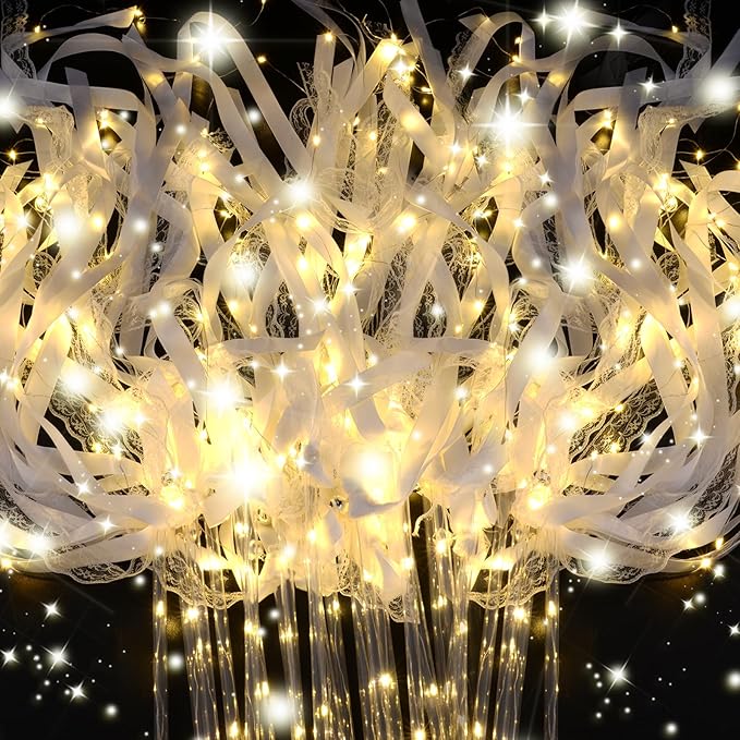HONLYNE 28PCS Light up Wands for wedding, Wedding Wands Streamers with 3 Colorful Flashing Modes, Fairy Wands, LED Silk Fairy Wand with Bells for Wedding, New Year, Thanksgiving, Concert