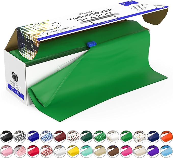 Grandipity Plastic Tablecloth Roll - 54in x 300 Ft. Green Plastic Table Cloths for Parties Disposable with Cutter Box - Cut to Size Disposable Tablecloth Table Cover for Rectangle & Round