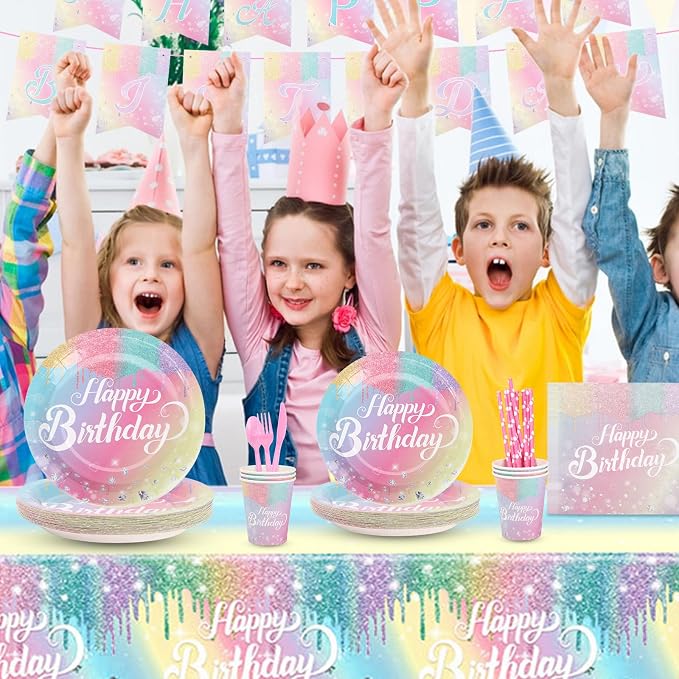 Rainbow Birthday Party Supplies 194 Pcs Disposable Party Decorations Includes Paper Plates, Napkin, Fork, Knives Spoons Cups, Tablecloth, Banner Straws for Mermaid Themed Events Serves 24