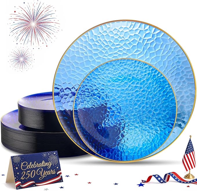 Hioasis 60pcs Blue Plastic Plates - Gold Rimmed Disposable, Hammered, Heavy-duty Dinnerware Set Suitable for 30 Guests, 10.25" Dinner & 7.5" Dessert Plates for Party & Wedding