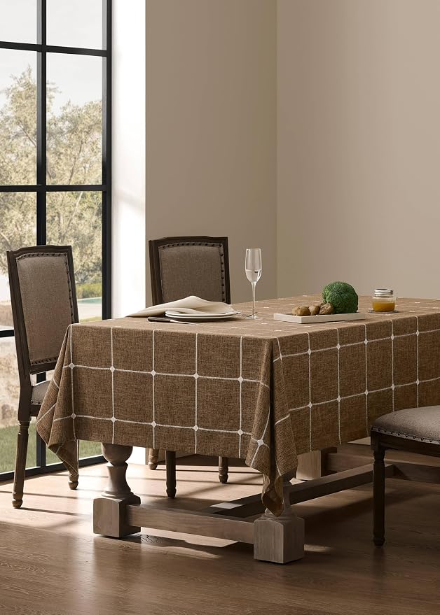 ZeeMart Grid Embroidered Hemmed Tablecloths, Caramel 60x60 Inch, Farmhouse Style Heavy Weight Cotton Linen Brown Tablecloths, Boho Plaid Water Resistant Square Table Cloth
