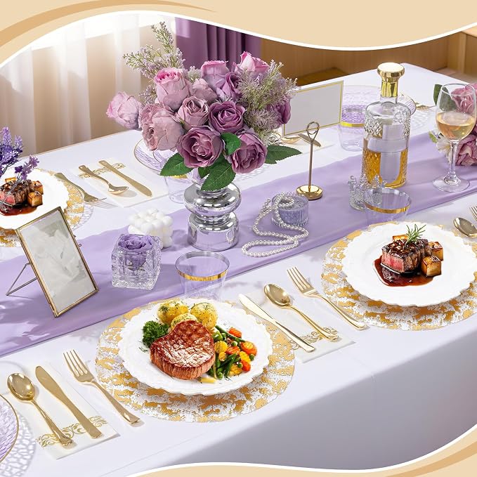 150PCS Disposable Gold Placemats Set, 13 Inch Gold Foil Table Mats Bulk, Metallic Mesh Pressed Round Doilies for Tables, Paper Placemats for Wedding Birthday Dining Party Table Home Decor