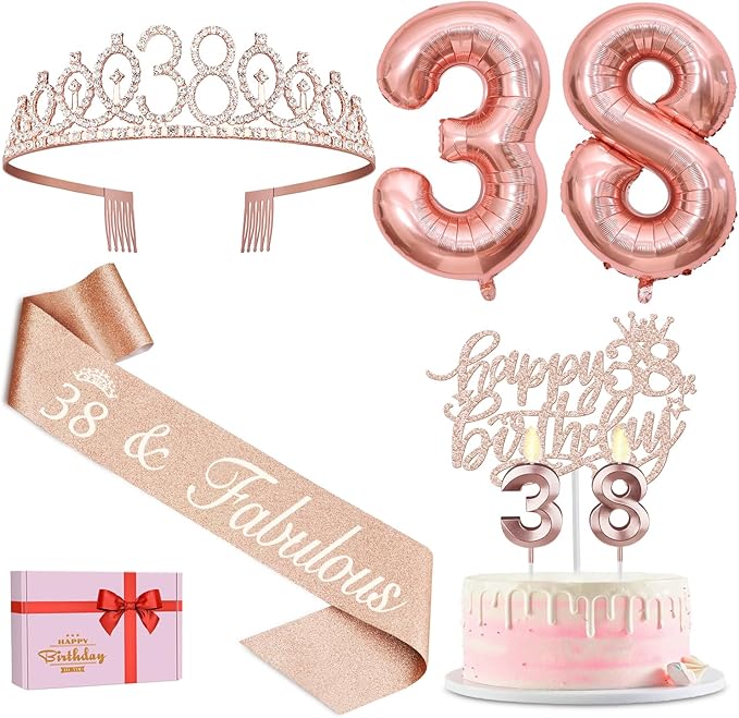 38th Birthday Decorations for Women, Including 38th Birthday Sash and Tiara, Cake Topper and Candles, Number Balloons, 38 Year Old Gifts for Women