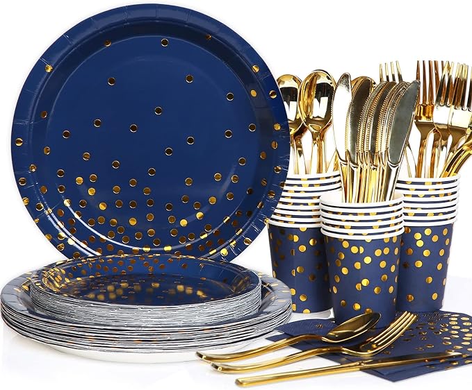 168Pcs Navy Blue Plates and Napkins Party Supplies, Blue Paper Plates Serve 24, blue and Gold Party Decorations, for Birthday, Fathers Day, Graduation, 4th of July