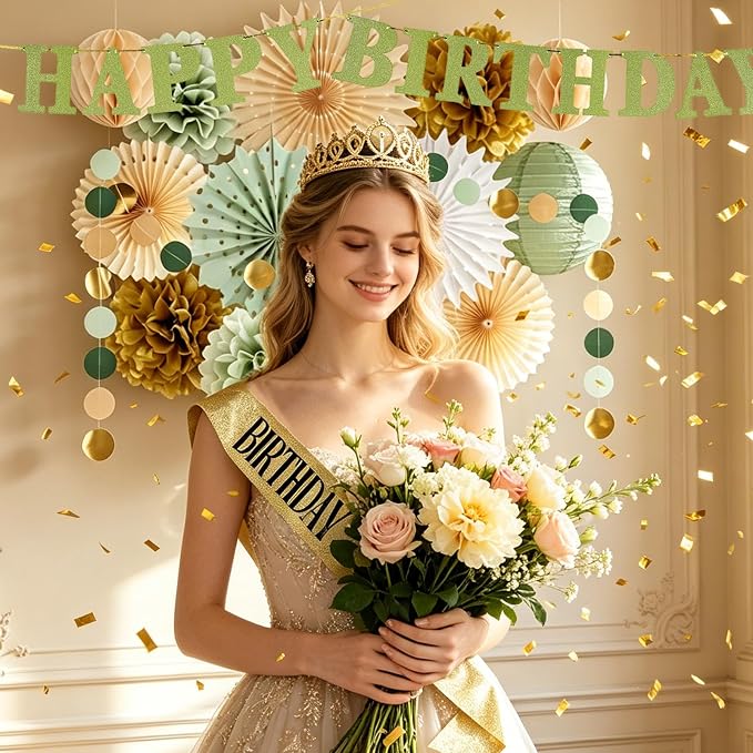 Sage Green Birthday Party Decorations Kit, Paper Fans, Pom Poms, Lanterns, Garland, Happy Birthday Banner, Crown & Birthday Girl Sash