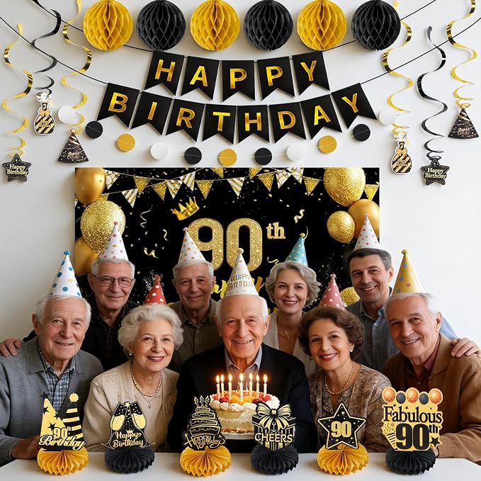 Happy 90th Birthday Party Decoration: Including Birthday Banner Backdrop, Party Table Centerpieces and Hanging Swirl Party Streamers, Birthday Decor for Men and Women (Gold/Black, 90th Birthday)