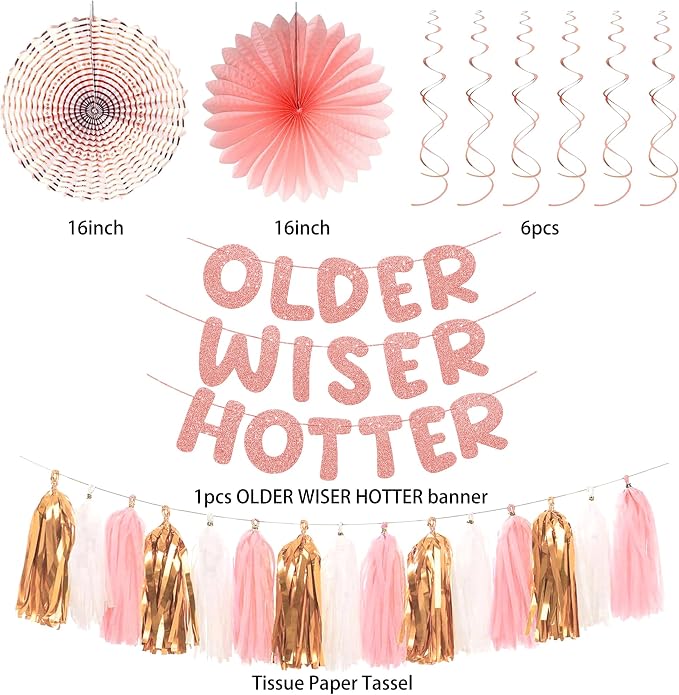 Roetyce Birthday Party Decorations, Rose Gold Glitter Older Wiser Hotter Banner Photo Background for Women, Funny Happy Birthday Backdrop Decor, Pink 30th 40th 50th 60th 70th 80th Party Supplies