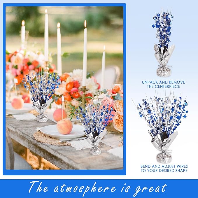 Metallic Star Spray Centerpieces 8 pack for Tables - Bulk 12.4" Foil Fountain Table Decorations for Large Events, Graduation 2026, Wedding Reception (Silver Blue Blend)