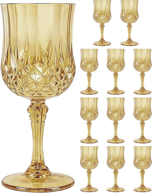 Plastic Wine Glasses Set, 7oz Vintage Goblets Shatterproof Unbreakable Reusable & Disposable, Drinking Glasses with Stem, for Wedding Outdoor Dinner Easter Party (12pcs, Gold)