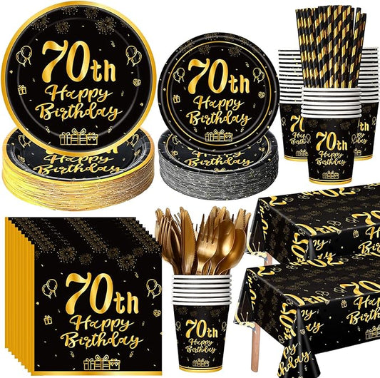 Funnymoom 452 Pcs 70th Birthday Party Decorations Set for Men Women, Black and Gold Happy 70th Birthday Paper Plates Napkins Cups Tablecloth Cutlery Straws Cheers to 70 Years Anniversary Party