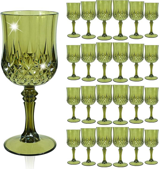24 Pcs Dark Green Plastic Wine Glasses, Plastic Goblets for Parties, Vintage Wine Glasses Bulk, Reusable Drinking Glass, Drinkware Cups for Wedding Party Reception Event Supplies