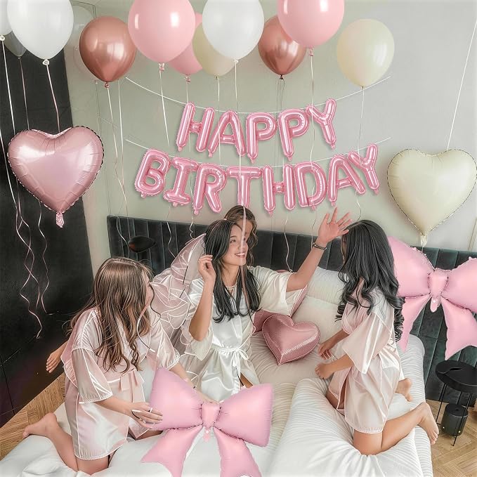Boho Dusty Pink Bow Birthday Decorations for Women Girls, Blush Champagne Gold Sand White Cream Balloons Happy Birthday Banner Pink Coquette Foil Balloons Heart Balloon for Bday Party Supplies